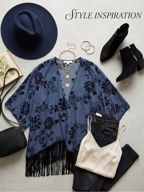 Velvet Burnout Hollister Floral Kimono Fringe Boho Whimsigoth Fairy Blue OS